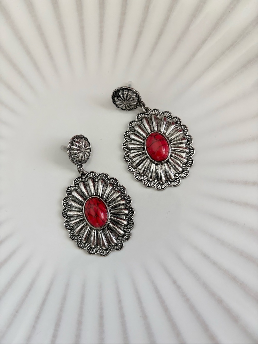 Silver-Tone Red Marble Stone Drop Earrings